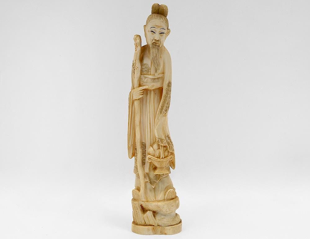 Appraisal: CARVED IVORY FIGURE OF A SAGE Chinese Signed Holding a