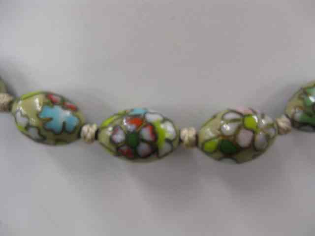 Appraisal: Cloisonne Necklace oval beads with gold in silver filigree clasp