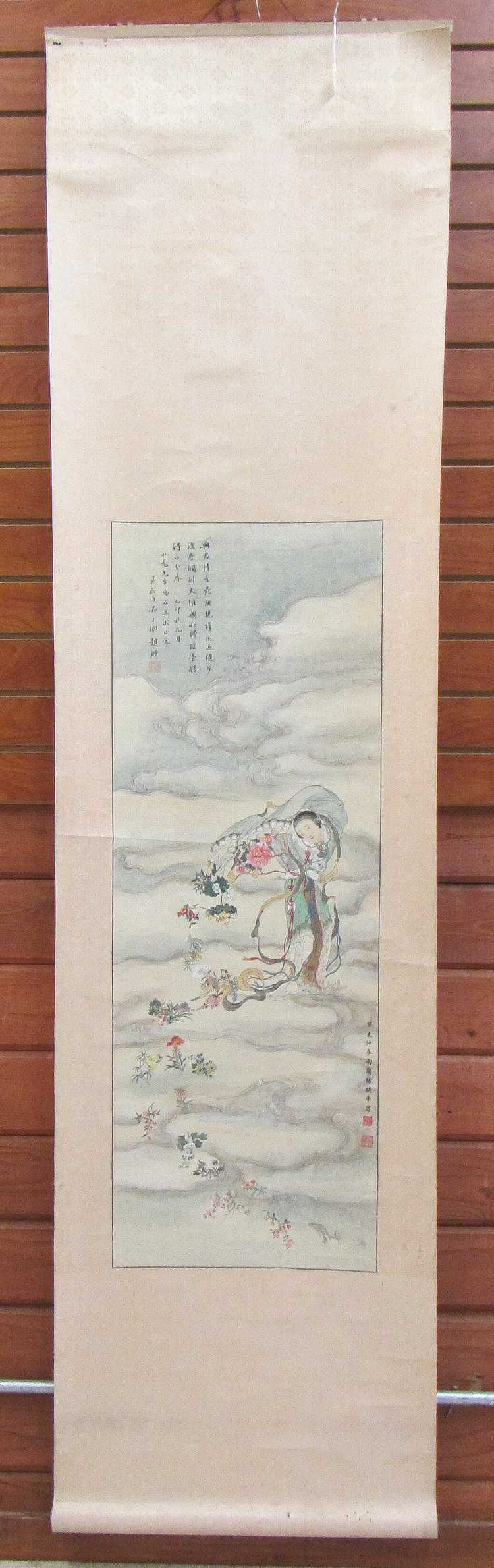 Appraisal: JAPANESE HAND PAINTED SCROLL a woman in the clouds with