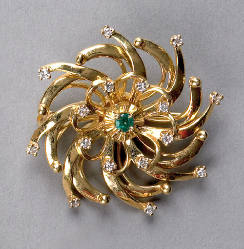 Appraisal: Diamond and synthetic emerald brooch in K yellow gold signed