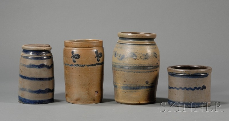 Appraisal: Three Small Cobalt-decorated Stoneware Jars and a Small Crock America