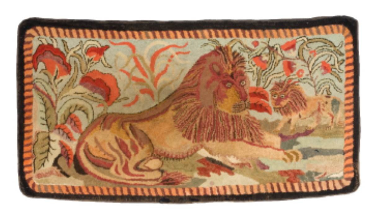 Appraisal: AMERICAN PICTORIAL HOOKED RUG WITH TWO LIONS WITHIN A FLORAL