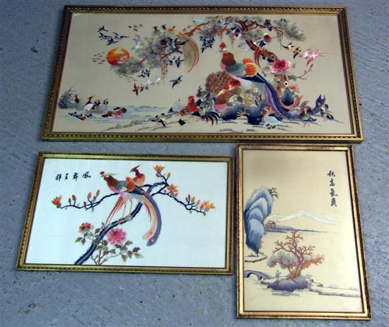 Appraisal: Large Japanese silkwork picture depicting various birds in a landscape