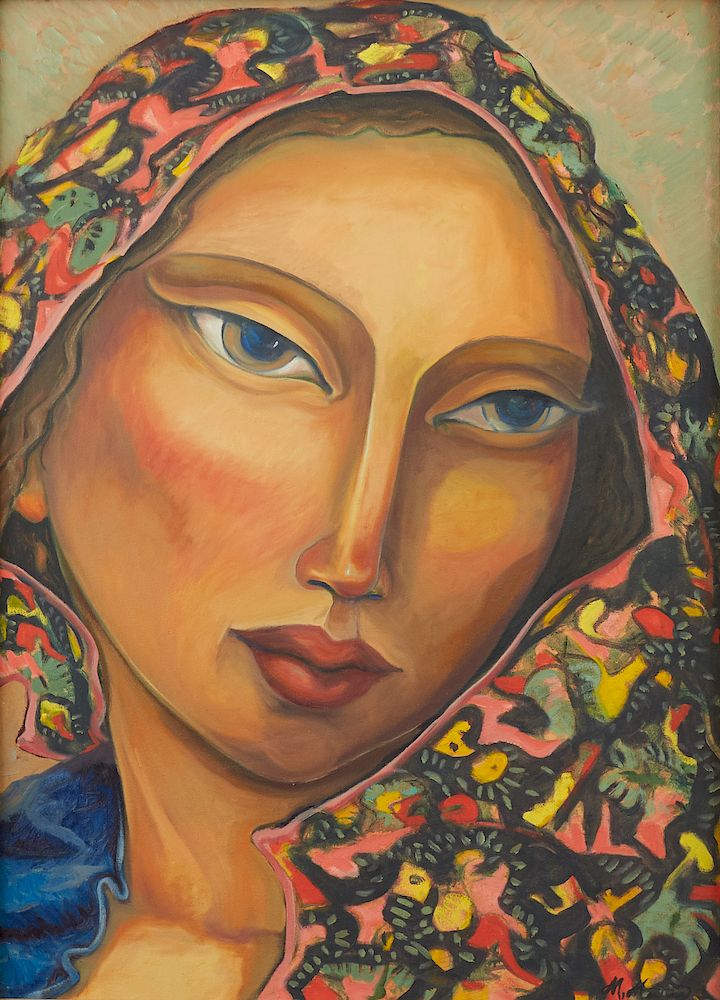 Appraisal: Miguel Martinez Portrait of Woman with Colorful Head Wrap Miguel