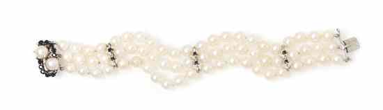 Appraisal: A Karat White Gold Cultured Pearl and Sapphire Triple Strand