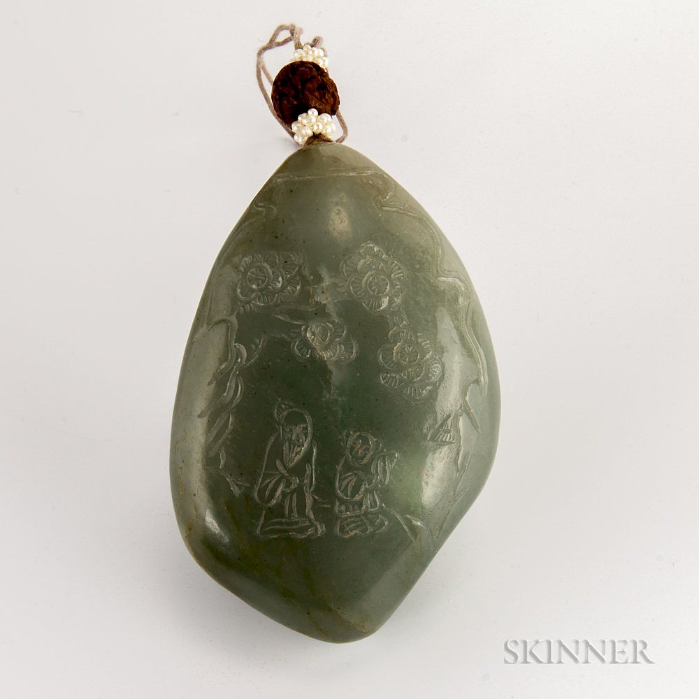 Appraisal: Nephrite Jade Pebble Pendant Nephrite Jade Pebble Pendant China decorated