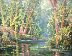 Appraisal: Henri Stenn French b - Wooded river landscape oil on