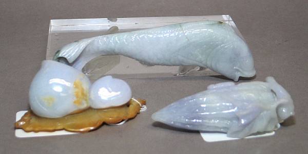 Appraisal: A group of three jadeite carvings Including a carp a