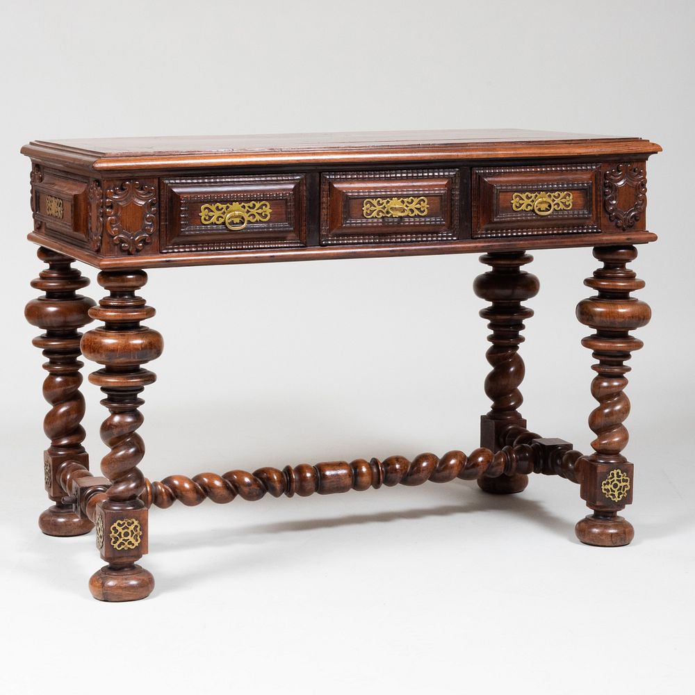 Appraisal: Portuguese Baroque Style Brass-Mounted Rosewood Table Fitted with three short