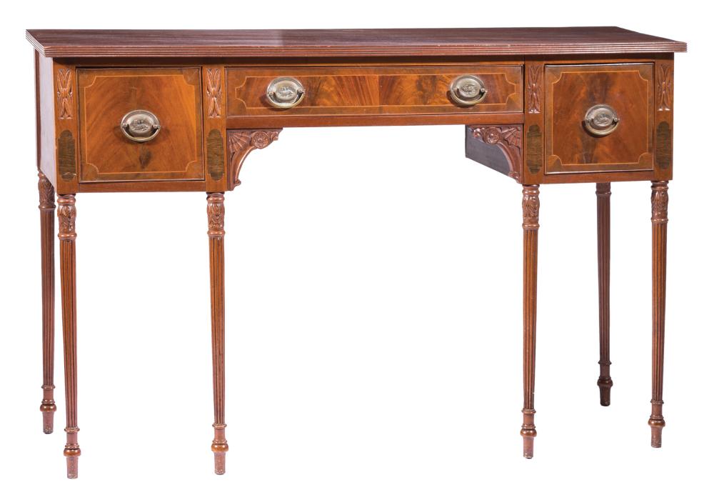 Appraisal: Federal-Style Inlaid Mahogany Server reeded top long drawer over spandrels