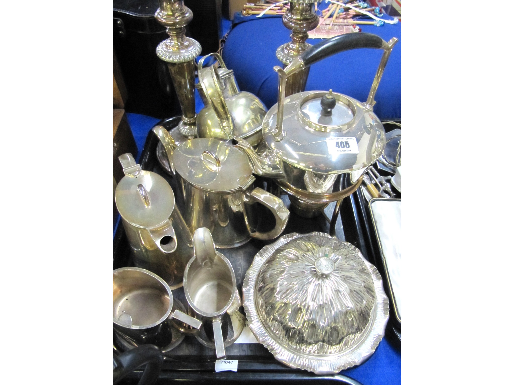 Appraisal: A tray lot of EP - candlesticks hotelware spirit kettle