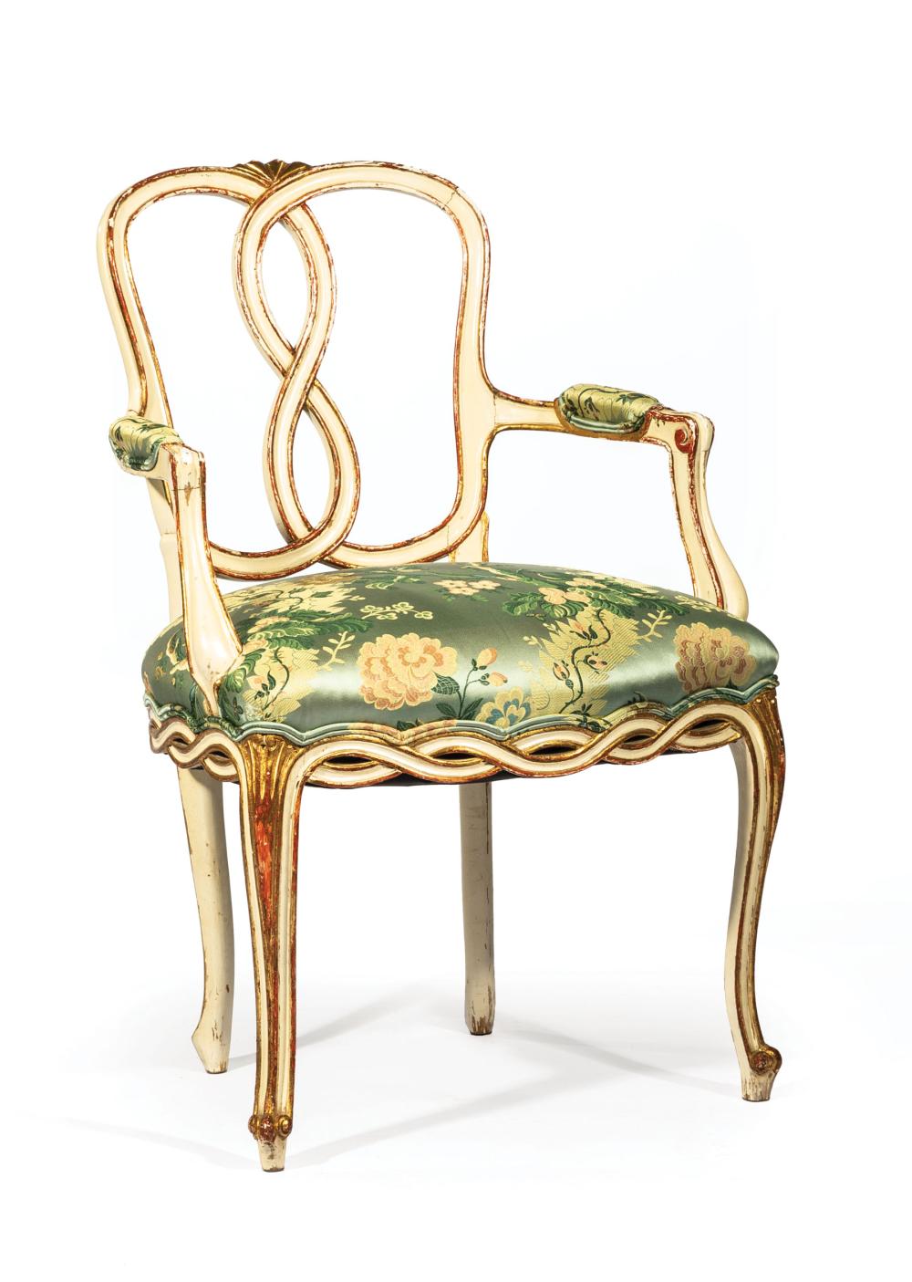 Appraisal: Venetian Carved Painted and Parcel Gilt Armchair th c entwined