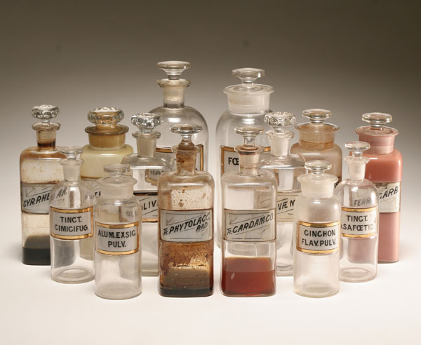 Appraisal: Collection antique pharmacy bottles fourteen glass containers of assorted shapes