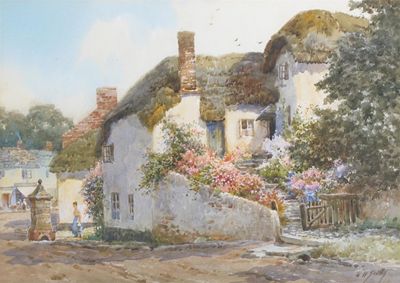 Appraisal: Walter Henry Sweet - Village street with thatched cottages Signed