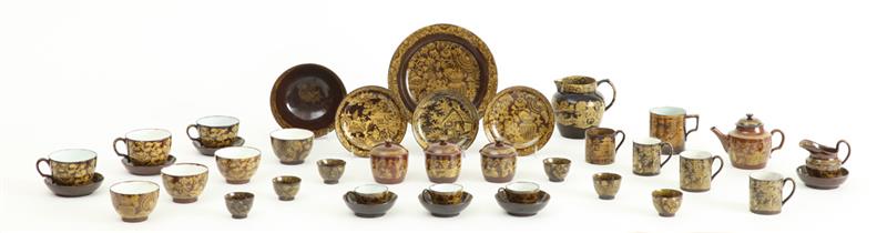 Appraisal: Group of Assorted Staffordshire Brown-Glazed Yellow Transferware Table Articles Comprising