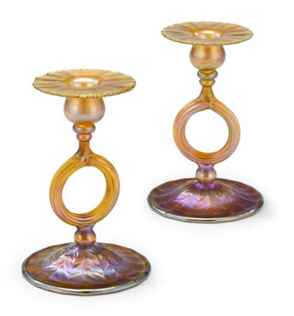 Appraisal: Pair of iridescent Art glass candlesticks tiffany studios new york