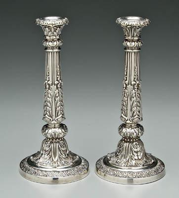 Appraisal: Pair Matthew Boulton candlesticks English silver round tapering columns elaborate