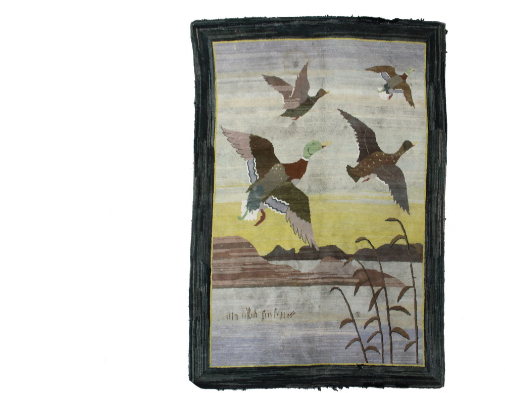 Appraisal: MONUMENTAL GRENFELL RUG - Handmade Hooked Rug of Waterfowl Taking