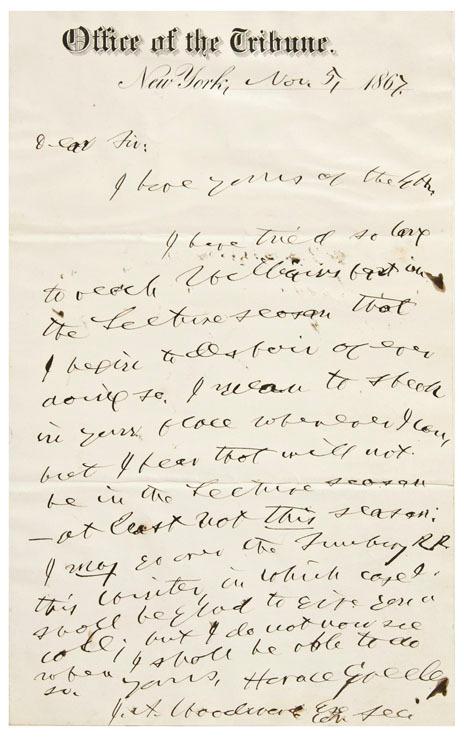 Appraisal: GREELEY Horace - Autograph letter signed New York Nov page