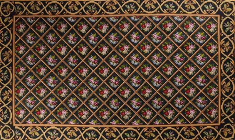 Appraisal: BLACK GROUND NEEDLEWORK CARPET The diamond trellis field enclosing floral