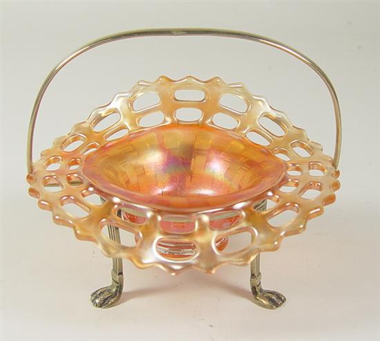 Appraisal: Marigold Carnival Glass Bowl Basketweave pattern bowl mounted in a