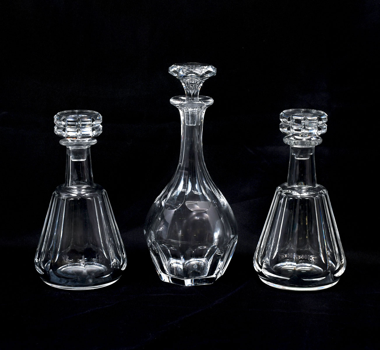 Appraisal: BACCARAT DECANTERS Three French Baccarat crystal decanters All have etched