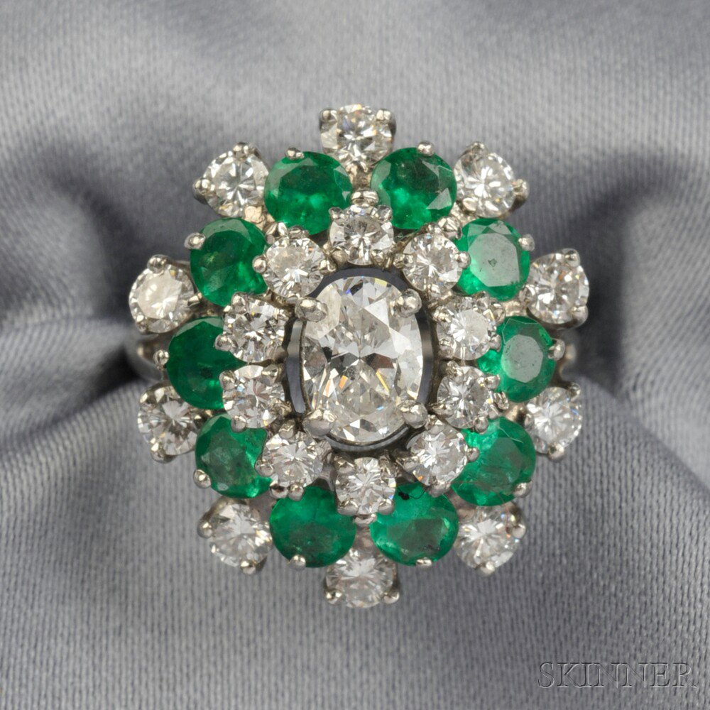 Appraisal: Platinum Diamond and Emerald Cluster Ring Oscar Heyman centering an