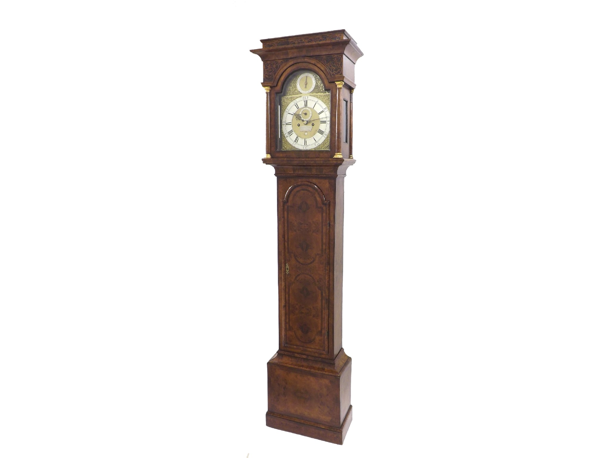 Appraisal: Good burr walnut eight day longcase clock the brass arched