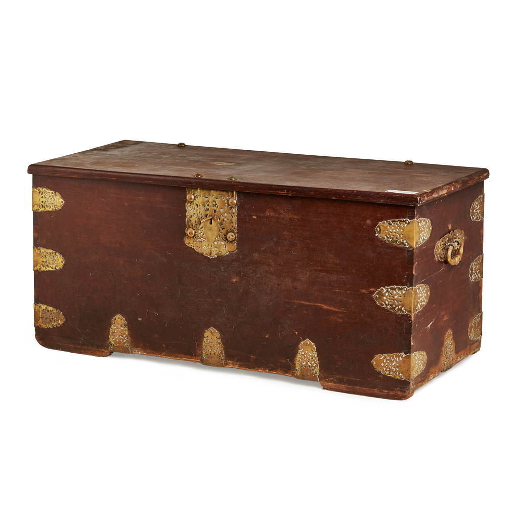 Appraisal: LARGE DUTCH COLONIAL WALNUT AND BRASS BOUND CHEST TH CENTURY