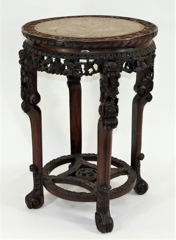 Appraisal: C CHINESE CARVED HARDWOOD ROSE MARBLE TABLE China th CenturyInset