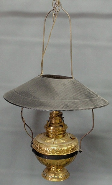 Appraisal: Hanging brass oil lamp by B G Co with tin