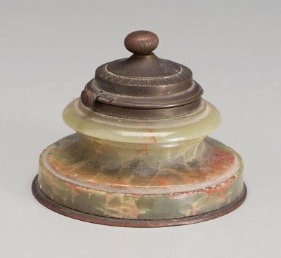 Appraisal: Circular green marble inkwell hinged brass top with inset key-wind