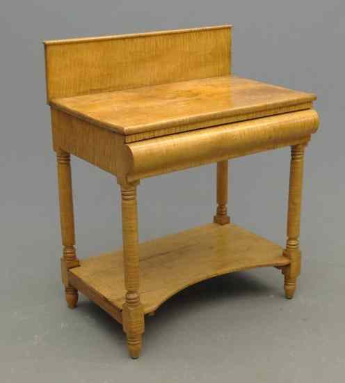 Appraisal: th c tiger maple single drawer side table with backsplash