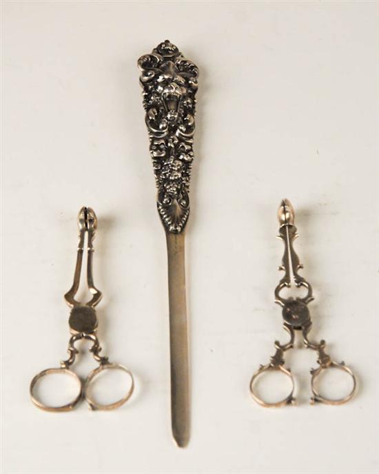 Appraisal: Three Sterling Items to Include an ornate repousseed handle letter