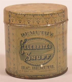 Appraisal: Demuth's Celebrated Snuff Tin Litho Canister Demuth's Celebrated Snuff Tin