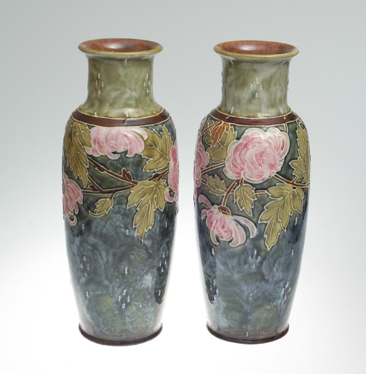 Appraisal: PAIR OF ROYAL DOULTON STONEWARE VASES EARLY th CENTURY decorated