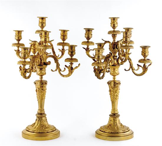 Appraisal: Pair Louis XVI style gilt-metal candelabra tapered stem supporting seven