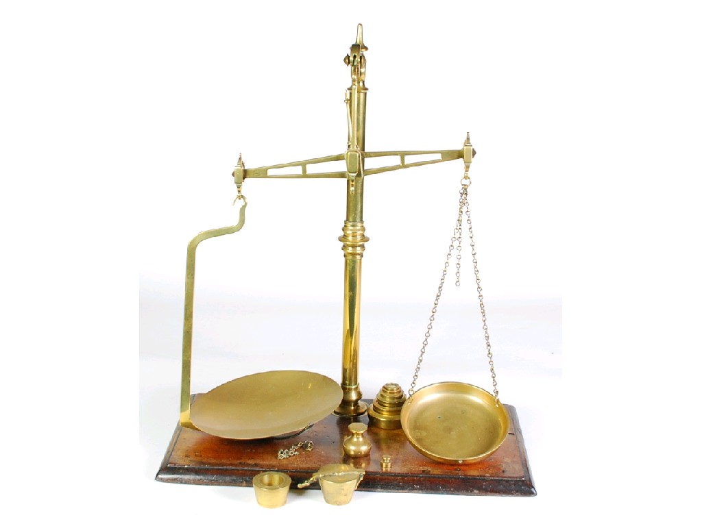 Appraisal: W T AVERY BRASS SCALES with weights on mahogany base