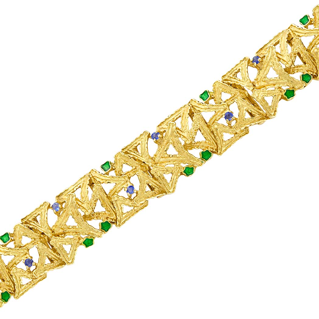 Appraisal: Gold Sapphire and Green Enamel Bracelet kt with maker's mark