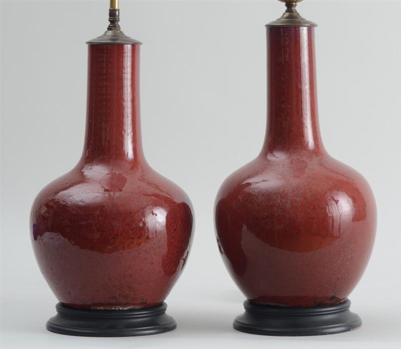 Appraisal: PAIR OF CHINESE FLAMBE-GLAZED PORCELAIN BOTTLE VASES MOUNTED AS LAMPS