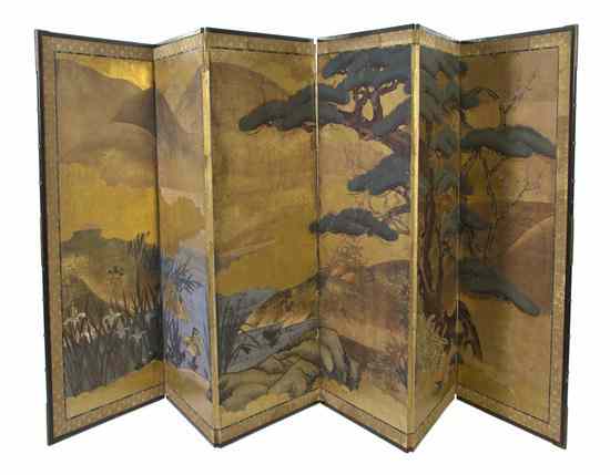 Appraisal: A Japanese Painted and Gilt Paper Screen Edo Period the