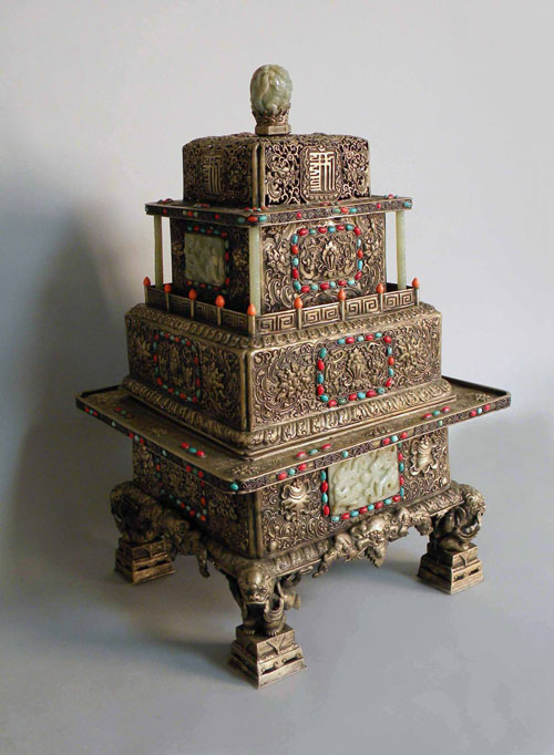 Appraisal: Chinese silver and bronze incense burner with jade and coral