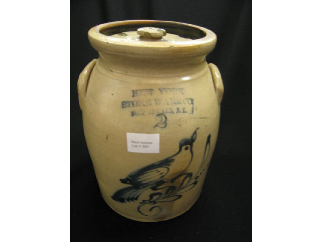 Appraisal: Early Blue Decorated Stoneware Crock with bird New York Stoneware