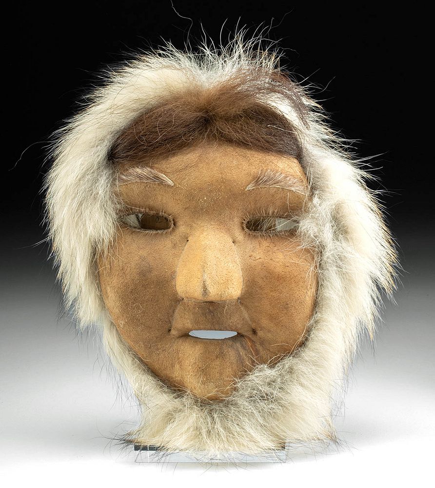 Appraisal: s Inuit Hide Fur Wood Mask by Justus Mekiana Justus