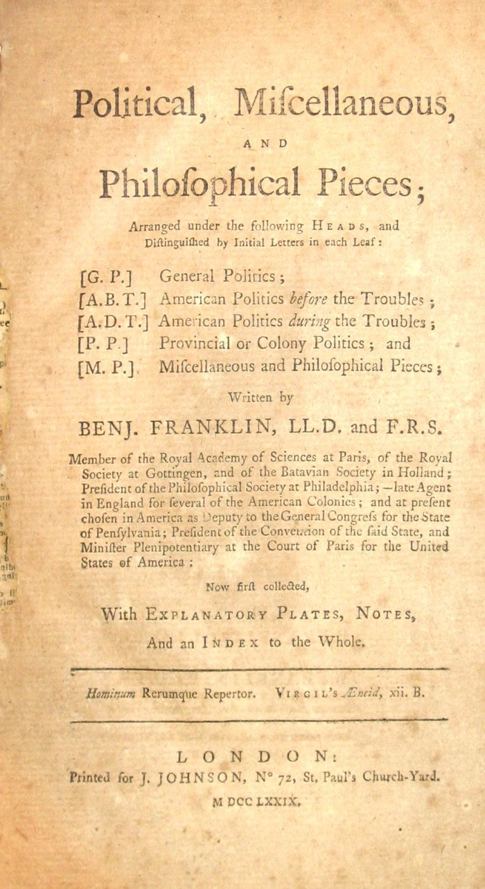 Appraisal: vol Franklin Benjamin Political Miscellaneous and Political Pieces London J