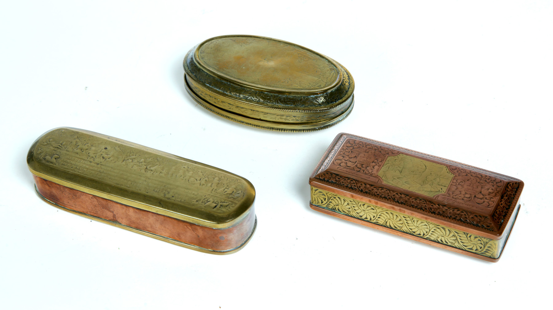 Appraisal: THREE DUTCH TOBACCO BOXES Eighteenth century Two are copper and