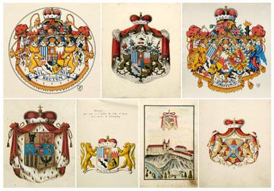 Appraisal: Seven coats of arms Schwarzenberg one highly detailed with flanking