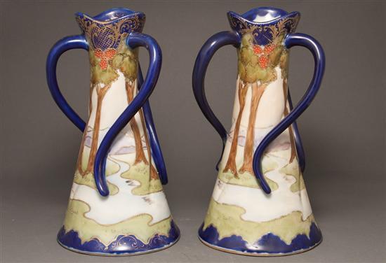 Appraisal: Pair of Nippon painted parcel-gilt porcelain three-handled vases first quarter-