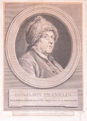 Appraisal: Vintage engraving of Ben Franklin employing the porthole drawing convention