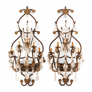 Appraisal: A Pair of Spanish Iron and Rock Crystal Five-Light Sconces